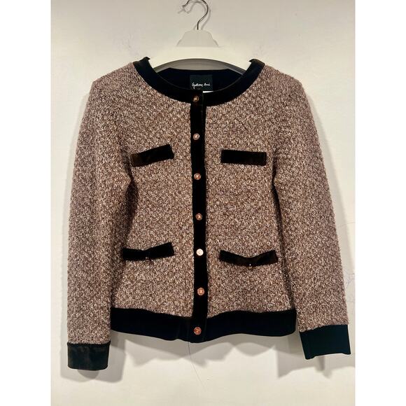 Women’s Gallery Ami  Elegant Tweed Cardigan with Velvet Trim and Gold buttons M - Picture 2 of 5